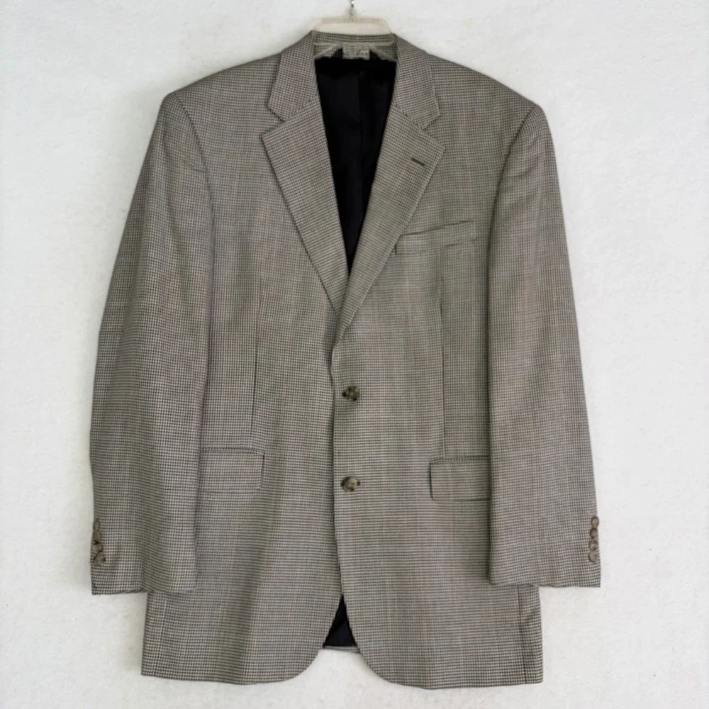 Jos A Bank Silk Wool Houndstooth Sport Coat Blazer Mens 41L Tan Brown Jacket